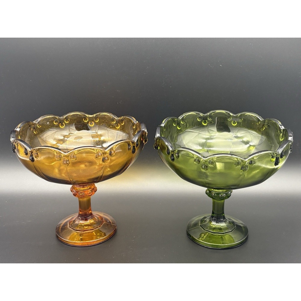 Pair of Vintage Indiana Glass Teardrop Compote Bowls Mid Century Amber & Avocado